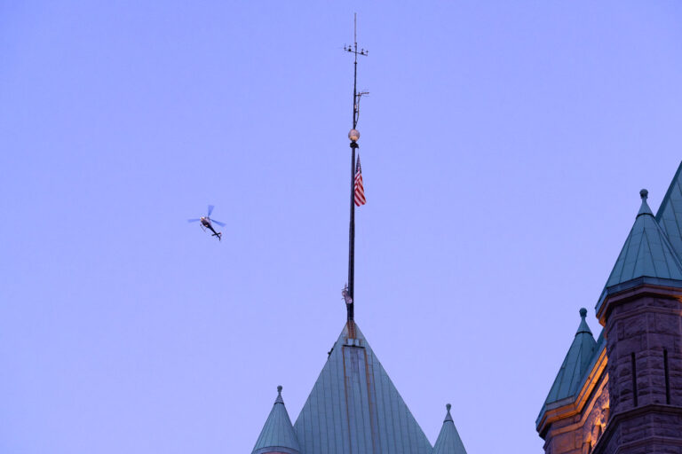 News helicopter over Minneapolis City Hall 1 A news helicopter over Minneapolis City Hall in Downtown Minneapolis.