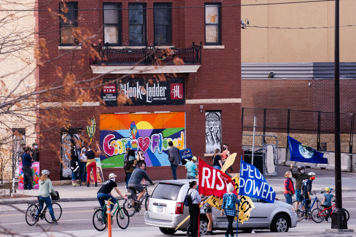 Protesters gathering outside the Minneapolis Police Third Precinct after the media called the Presidential race for Joe Biden.
