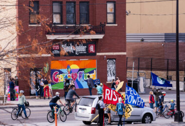 Protesters gathering outside the Minneapolis Police Third Precinct after the media called the Presidential race for Joe Biden.