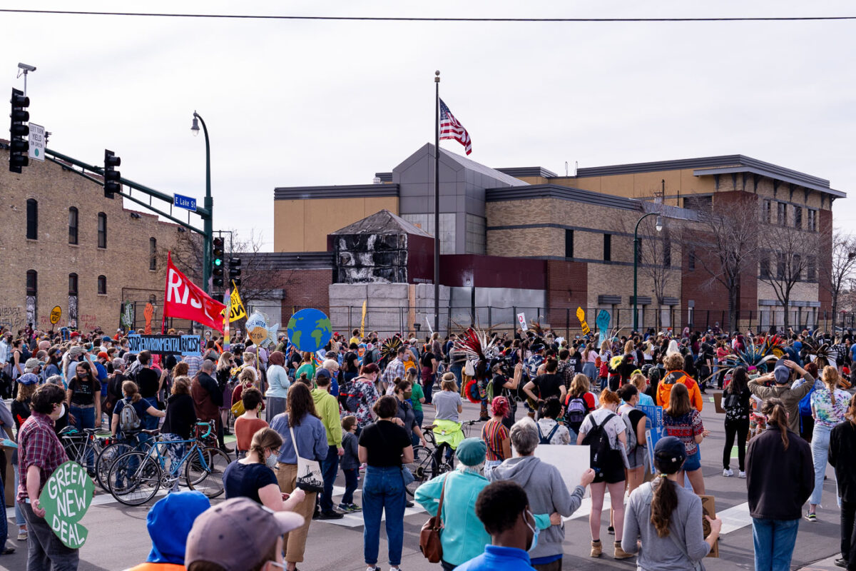 Protesters gather outside of the Minneapolis Police Third Precinct as part of a march shortly after Biden was announced winner of Donald Trump in the Presidential election.