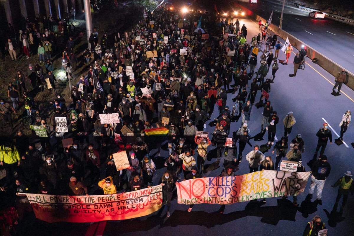 Protesters demanding democracy march on I-94. 646 arrests were made, the largest mass arrest event in Minnesota history.