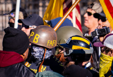 "Proud Boys" confront counter protesters outside the Minnesota Governor's Mansion where "Stop The Steal" protesters were holding a rally.