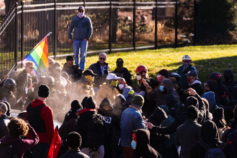Governor's Residence protest 1 Proud Boys & Stop The Steal protesters clash with counter protesters outside the Governor’s mansion in St. Paul, Minnesota on November 28, 2020.