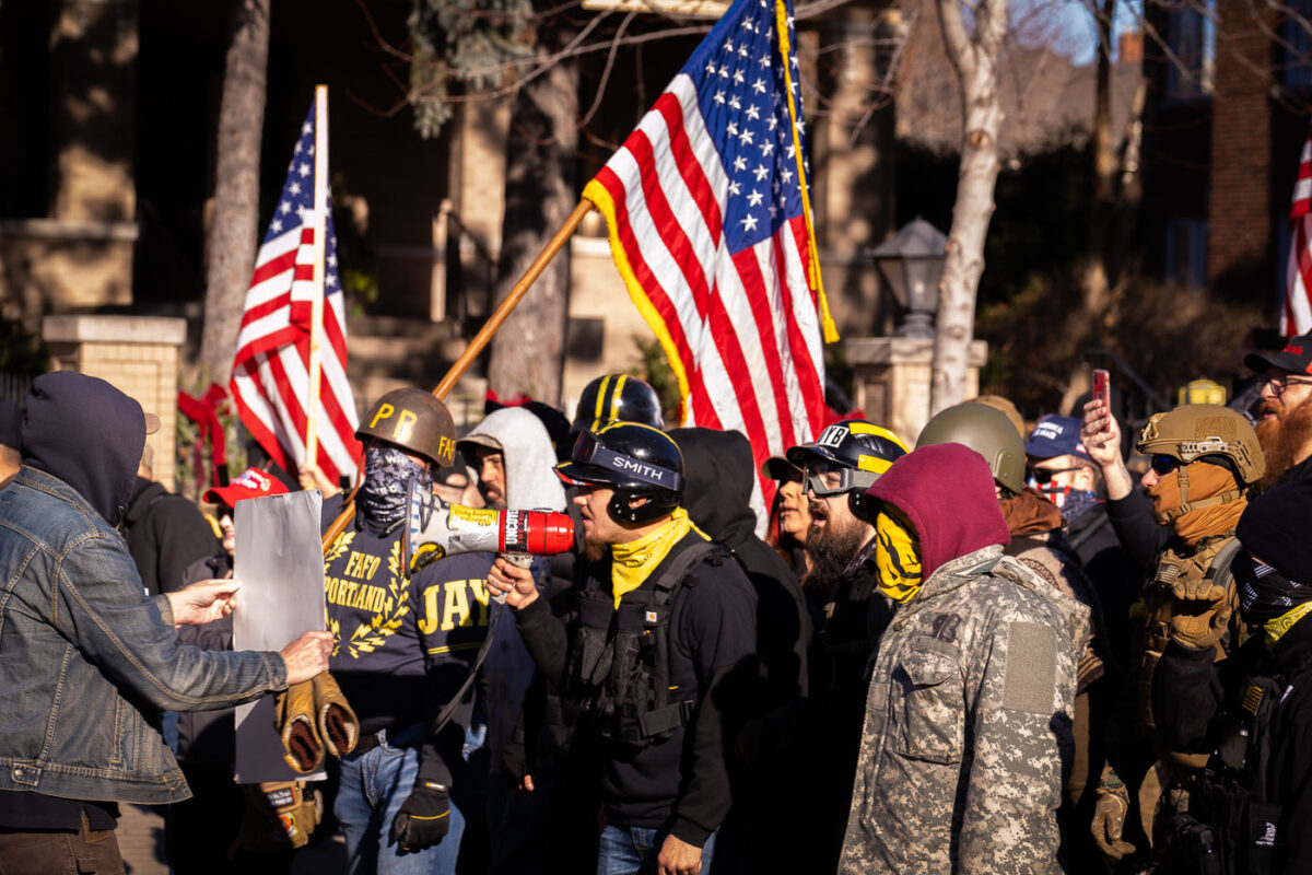 Proud Boys and counter protesters at a pro-Trump rally following the President’s loss in the election. The protests at the Minnesota Governor’s mansion in St. Paul has been happening each Saturday for weeks.