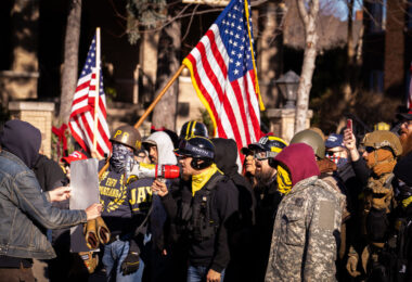 Proud Boys and counter protesters at a pro-Trump rally following the President’s loss in the election. The protests at the Minnesota Governor’s mansion in St. Paul has been happening each Saturday for weeks.