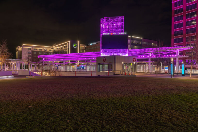 Target Field Station in Downtown Minneapolis at night.