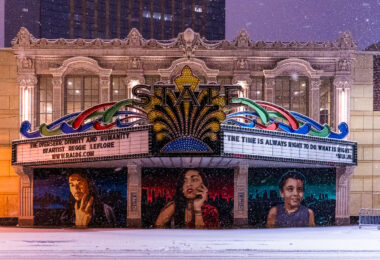 The State Theatre on Hennepin Avenue in Downtown Minneapolis during a November 10th snowstorm