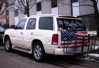 A truck with “Stop The Steal” and Qanon written on the windows found outside a “Stop The Steal” rally at the Minnesota State Capitol on November 14, 2020.