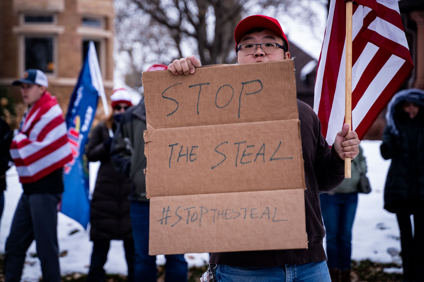Stop The Steal protest sign being held up