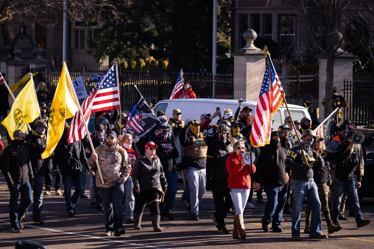 Stop The Steal protesters with the Proud Boys at the Governor's mansion in St. Paul, Minnesota.