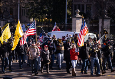 Stop The Steal protesters with the Proud Boys at the Governor's mansion in St. Paul, Minnesota.