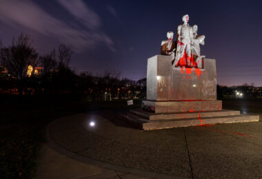 The Pioneers Statue vandalized in Minneapolis with "Decolonize" "Land Back" & "All Colonizers Are Bastards.