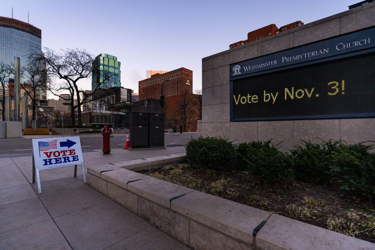 A Vote Here sign outside the Westminster Presbyterian Church in Downtown Minneapolis on election day.
