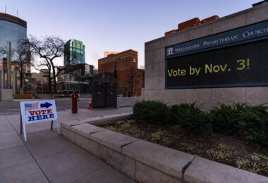 A Vote Here sign outside the Westminster Presbyterian Church in Downtown Minneapolis on election day.