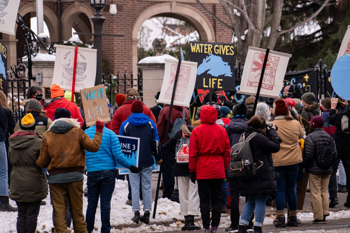 A Stop Line 3 protest outside the Governor’s mansion in St. Paul, Minnesota on November 14, 2020.