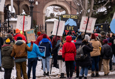 A Stop Line 3 protest outside the Governor’s mansion in St. Paul, Minnesota on November 14, 2020.