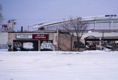 The remains of the Atlas Staffing building still in ruins on Lake Street in Minneapolis. The building burned following the May 25th, 2020 death of George Floyd.