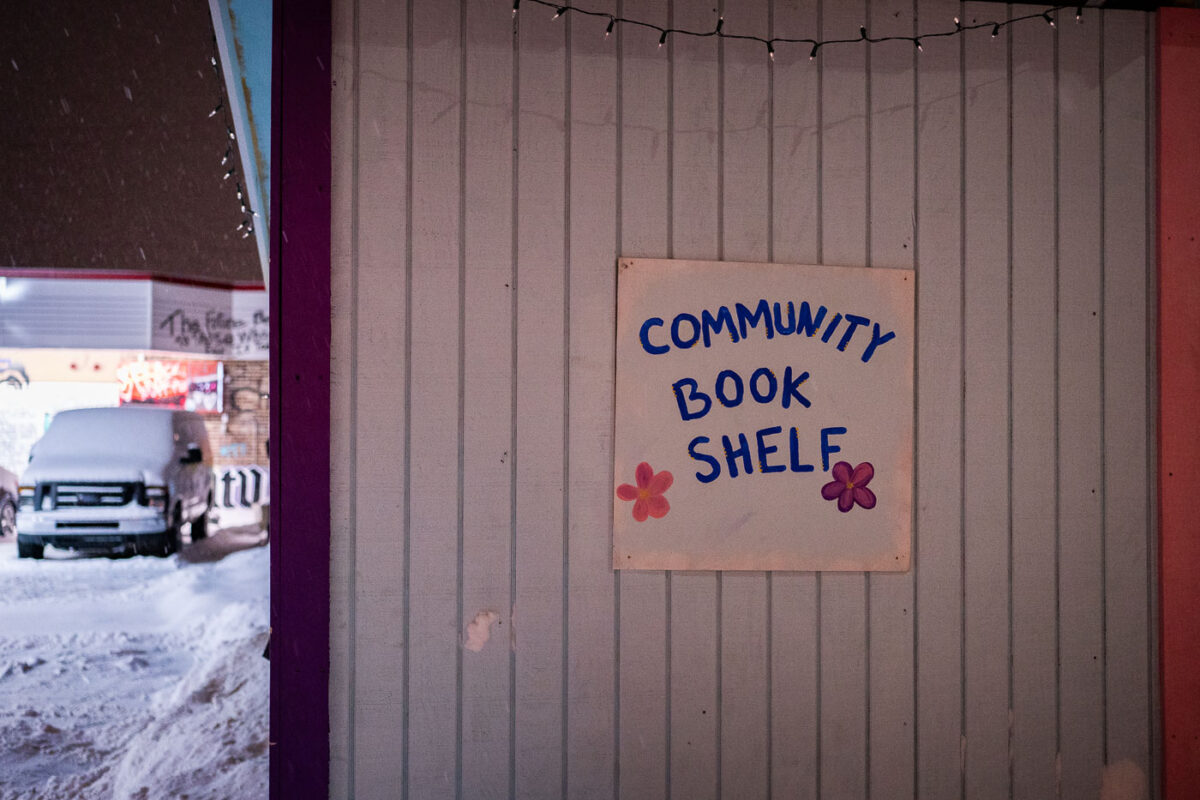 The Community Book Shelf at George Floyd Square in Minneapolis. The building holds books that people can drop off and take out.