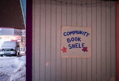 The Community Book Shelf at George Floyd Square in Minneapolis. The building holds books that people can drop off and take out.