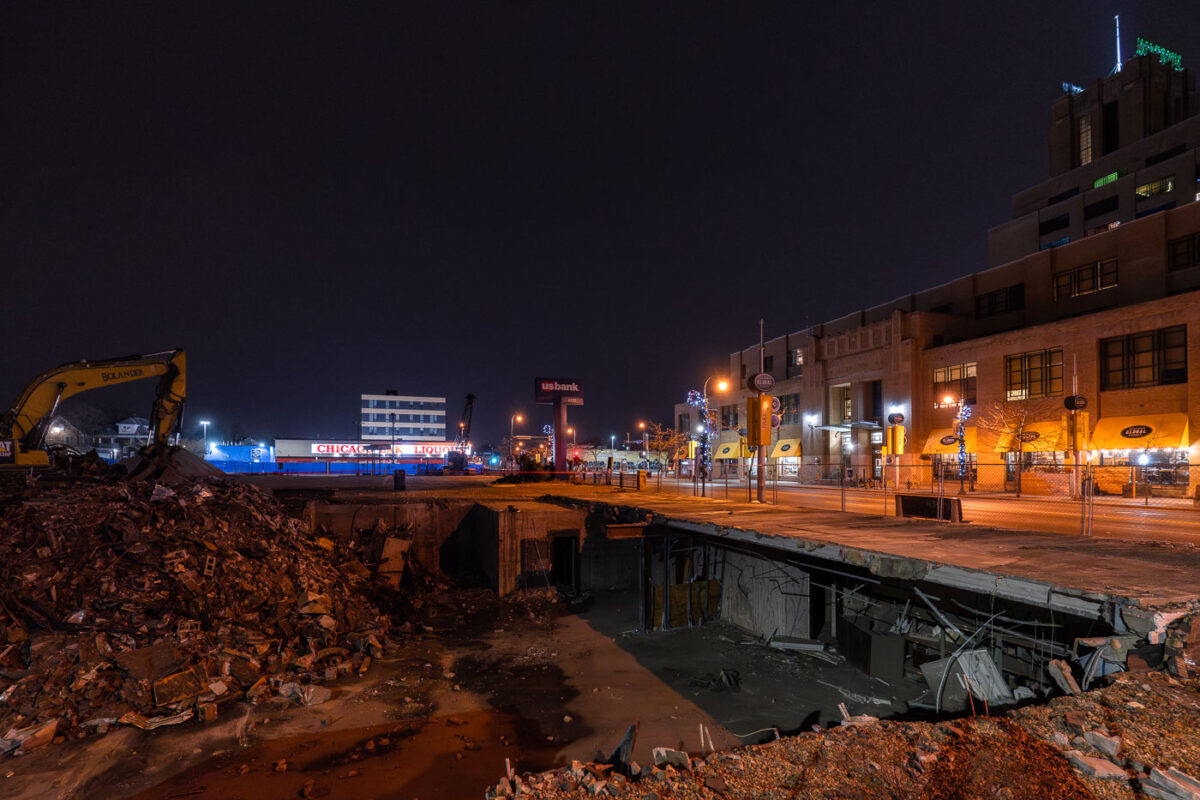 The demolition of a riot damaged US Bank branch. The bank was rebuilt.