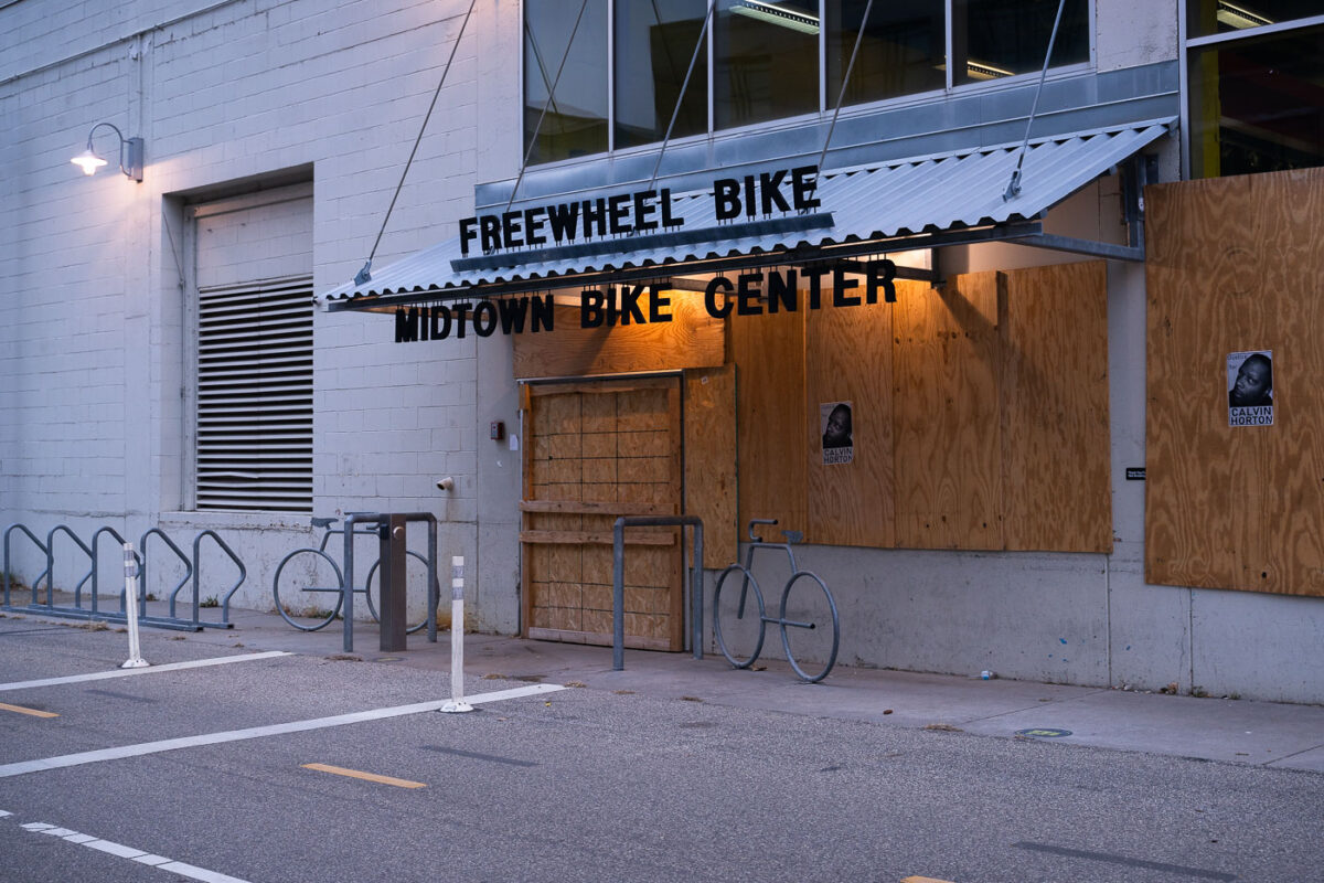 The Freewheel Bike Center located on the Midtown Greenway. Calvin Horton signs posted on the boards. Calvin was allegedly killed by the owner of Cadillac Pawn during the riots that followed George Floyd’s murder. 

Hennepin County has stated they will not be prosecuting due to "lack of evidence".