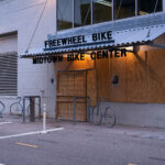The Freewheel Bike Center located on the Midtown Greenway. Calvin Horton signs posted on the boards. Calvin was allegedly killed by the owner of Cadillac Pawn during the riots that followed George Floyd’s murder. Hennepin County has stated they will not be prosecuting due to "lack of evidence".