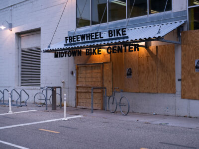 Freewheel Bike Center, Midtown Greenway, boarded with Calvin Horton flyers