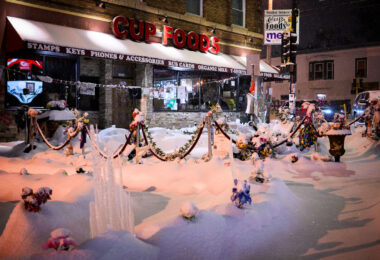 The George Floyd Memorial at George Floyd Square after a fresh December snowfall.