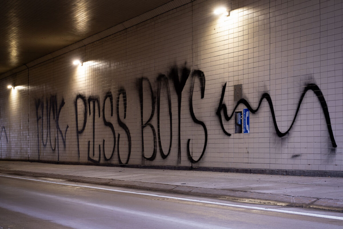 “Fuck piss boys” in a highway tunnel in St. Paul during a Proud Boys Stop The Steal rally on December 19, 2020.