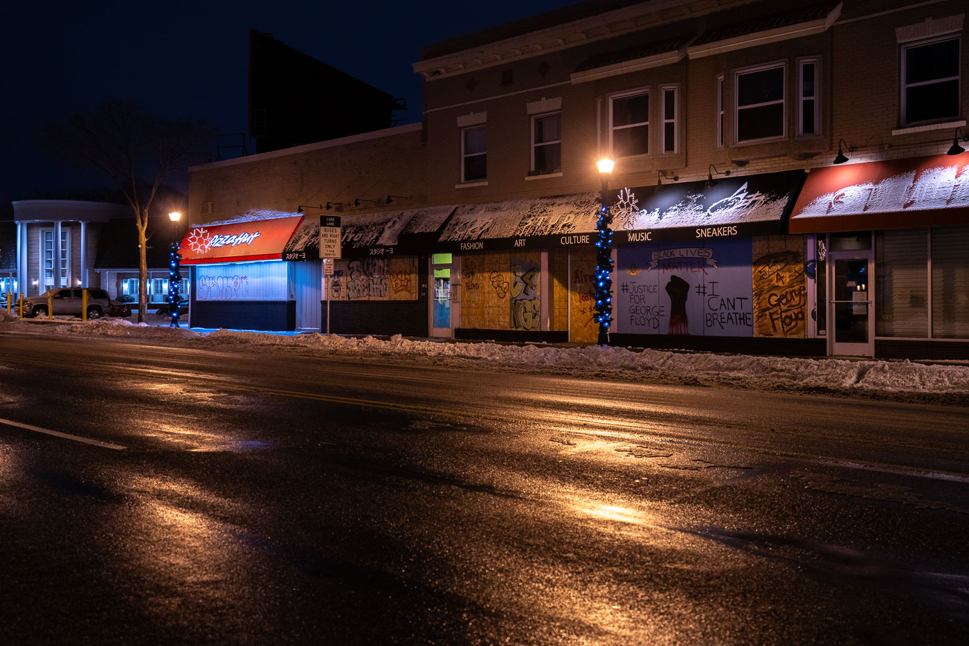 Hennepin Ave protest boards in December 2020