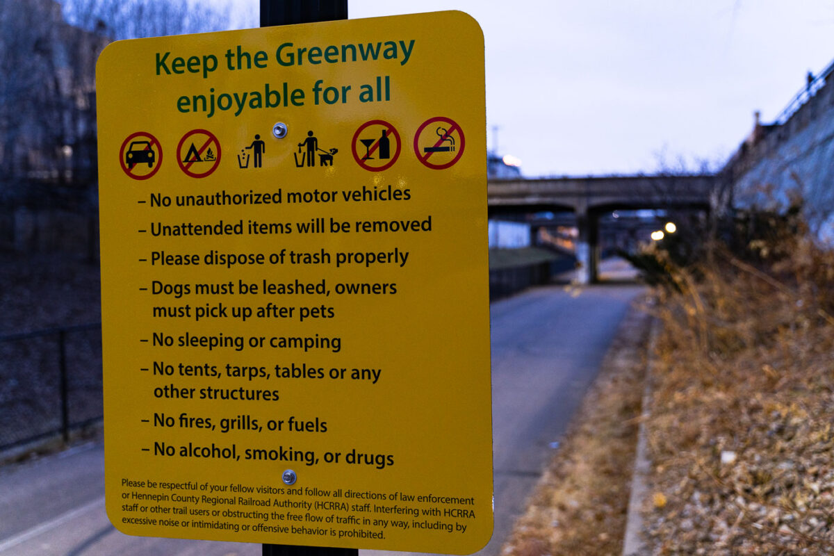 New signs on the greenway that replaced homeless encampment safety notices. The people living along the greenway were evicted on December 17th and 18th.