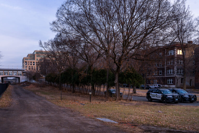 Minneapolis Park Police on The Mall in Uptown 3 Minneapolis Park Police park near the location of an encampment that was cleared earlier in the day.