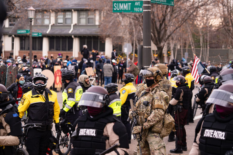 Minnesota State Patrol outside Governor Walz residence 1 Minnesota State Patrol outside the Minnesota Governor's Residence during a Stop The Steal protest that brought a counter protest. December 5, 2020.