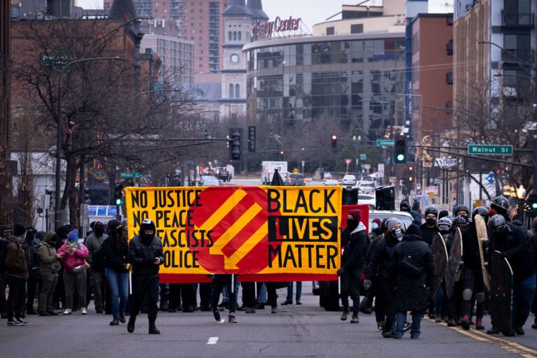 Black Lives Matter protesters in St. Paul 1 Protesters march against fascism in downtown St. Paul. The protesters marched through downtown with large banners.