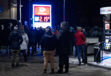 Protesters gather the day after Dolal Idd was shot and killed by Minneapolis police.