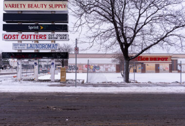 A riot damaged strip mall at Nicollet Ave and Lake Street. The building was heavily damaged after the May 25th, 2020 death of George Floyd.