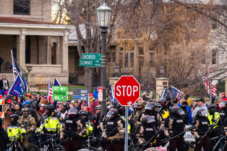 Stop The Steal protest at Tim Walz residence 1 "Stop The Steal" protesters and the Minnesota State Patrol outside the Minnesota Governor's Residence in St. Paul on December 5, 2020.