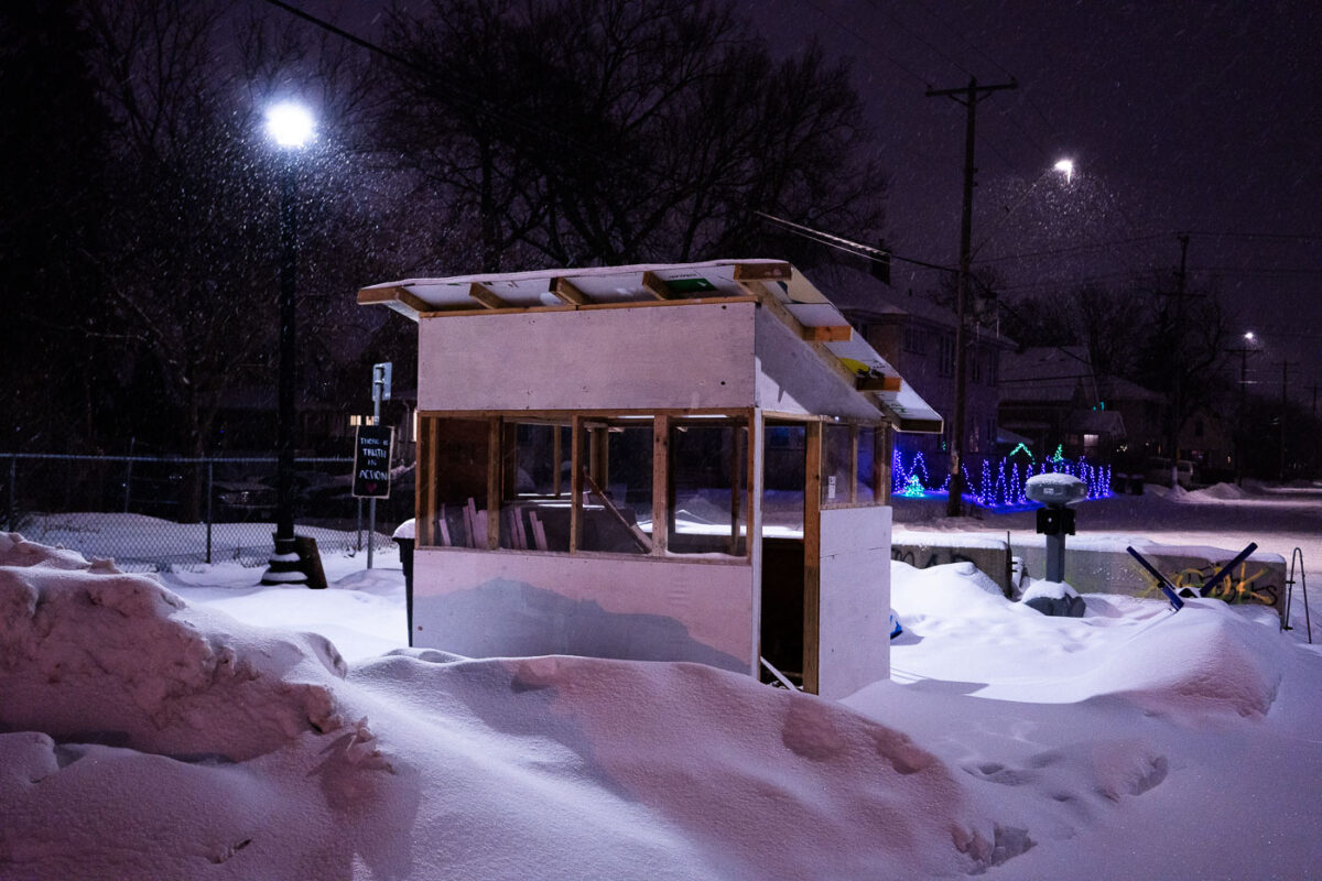 Winter warming huts and barricades at George Floyd Square.