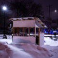 Winter warming huts and barricades at George Floyd Square.