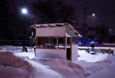 Winter warming huts and barricades at George Floyd Square.