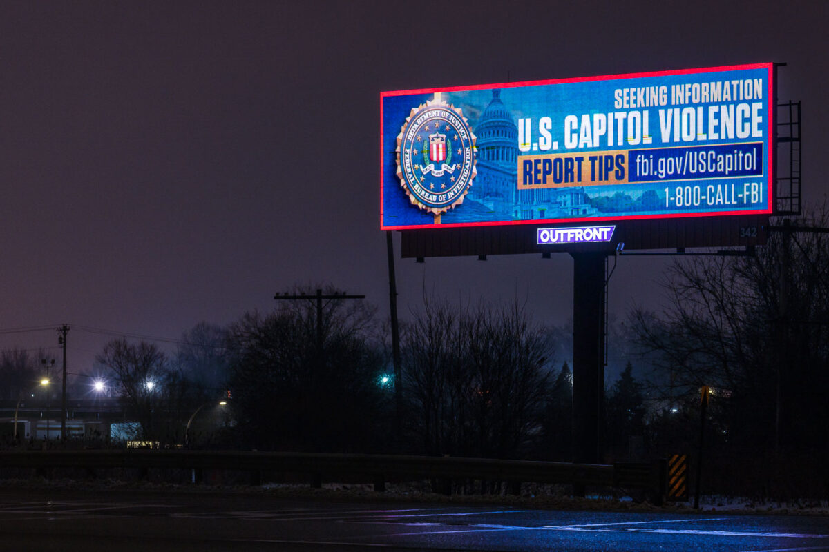 An FBI digital billboard seeking information on United States Capitol violence.