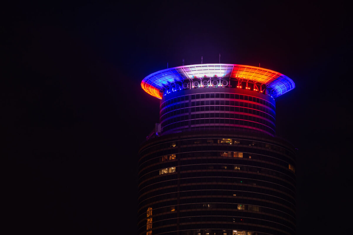 Capella Tower in downtown Minneapolis lit up red, white and blue following the United States Capitol attack.