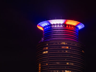 Capella Tower, Minneapolis, Lit Red, White, Blue