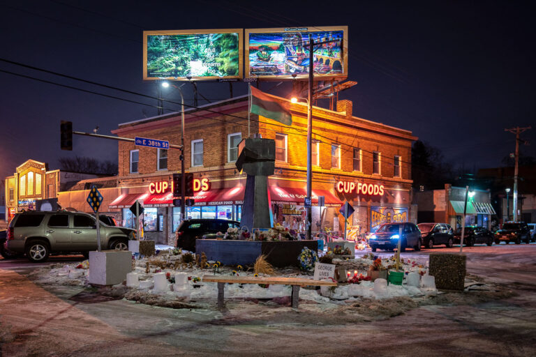Cars drive through George Floyd Square in January 2021 4 On Martin Luther King day a metal fist replaced what was originally a wooden first and then a wooden hand. “Like the materials of the Black Power fist that stand in the center of the Square, we are evolving and becoming a stronger community every day.”
