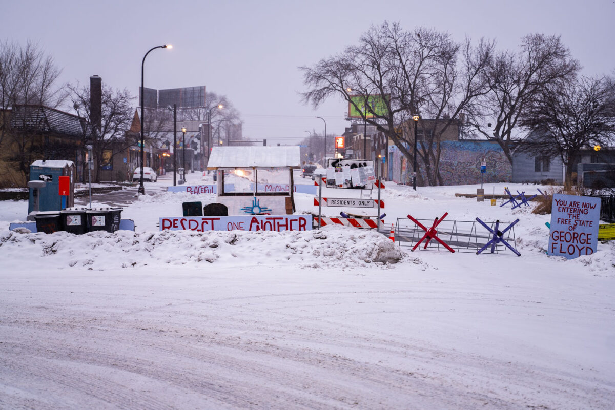 Barricades at George Floyd Square on January 23, 2021. The area has been a protest zone since the May 2020 murder of George Floyd.