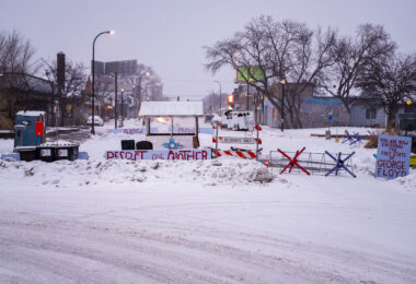 Barricades at George Floyd Square on January 23, 2021. The area has been a protest zone since the May 2020 murder of George Floyd.