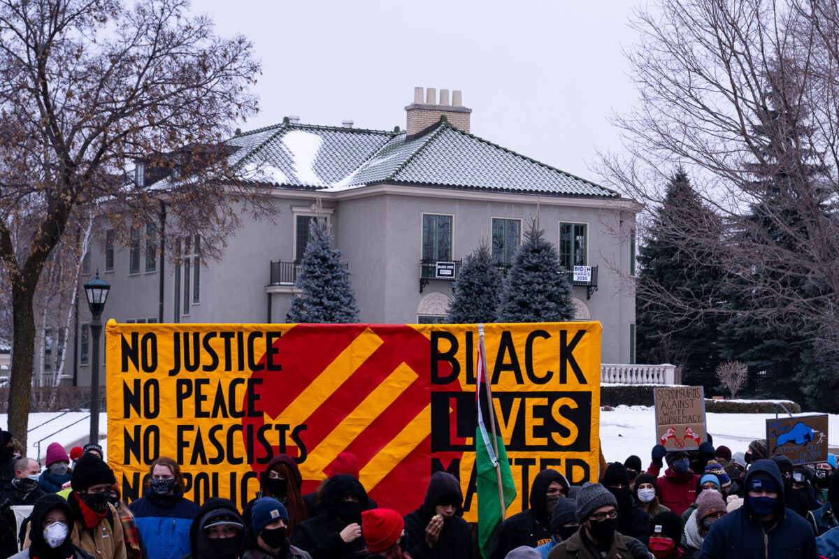 “The People’s March” on it’s way in St. Paul. Protesters marching for “Cash not covid”, “Community not cops”, “People not pipelines”, and “Politics without proud boys”.