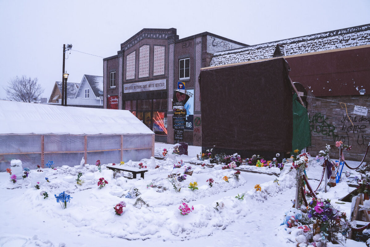 George Floyd Square in Minneapolis on a snowy January 23, 2021. The area has been a protest zone since May 2020.