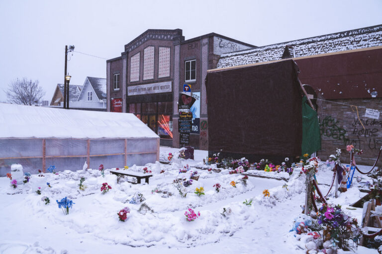 George Floyd Memorial under heavy snow 2 George Floyd Square in Minneapolis on a snowy January 23, 2021. The area has been a protest zone since May 2020.