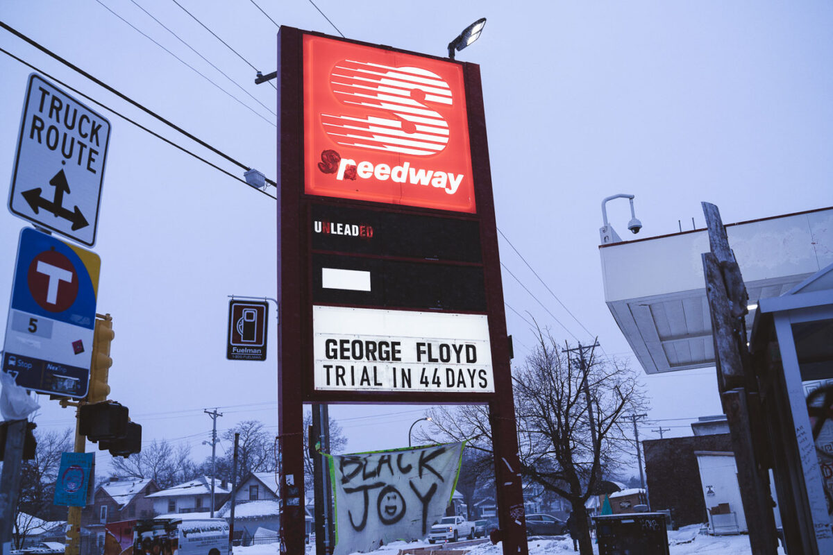 Countdown to the Derek Chauvin trial on the former Speedway Gas station at 38th and Chicago, George Floyd Square.